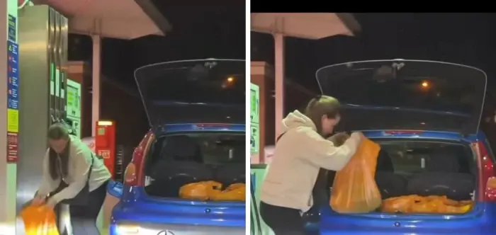 بريطانية تعبئ البنزين داخل أكياس بلاستيك