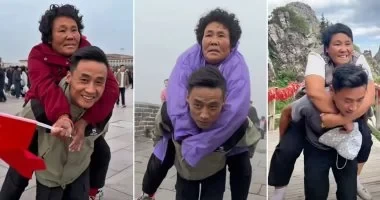 شاب صينى باع ممتلكاته ليزور الأماكن السياحية مع أمه القعيدة