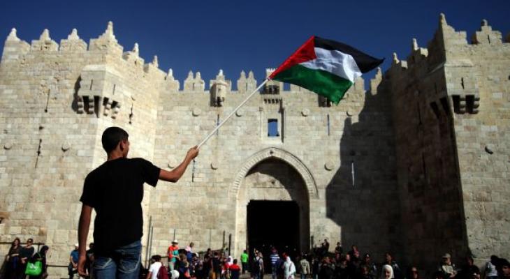 شاب يرفع علم فلسطين في مظاهرة لمناصرة القدس