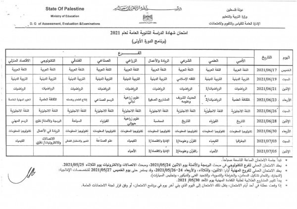 جدول امتحانات الثانوية العامة في فلسطين لعام 2021