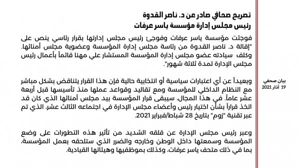 القدوة يُعقب على قرار إقالته من رئاسة مؤسسة ياسر عرفات