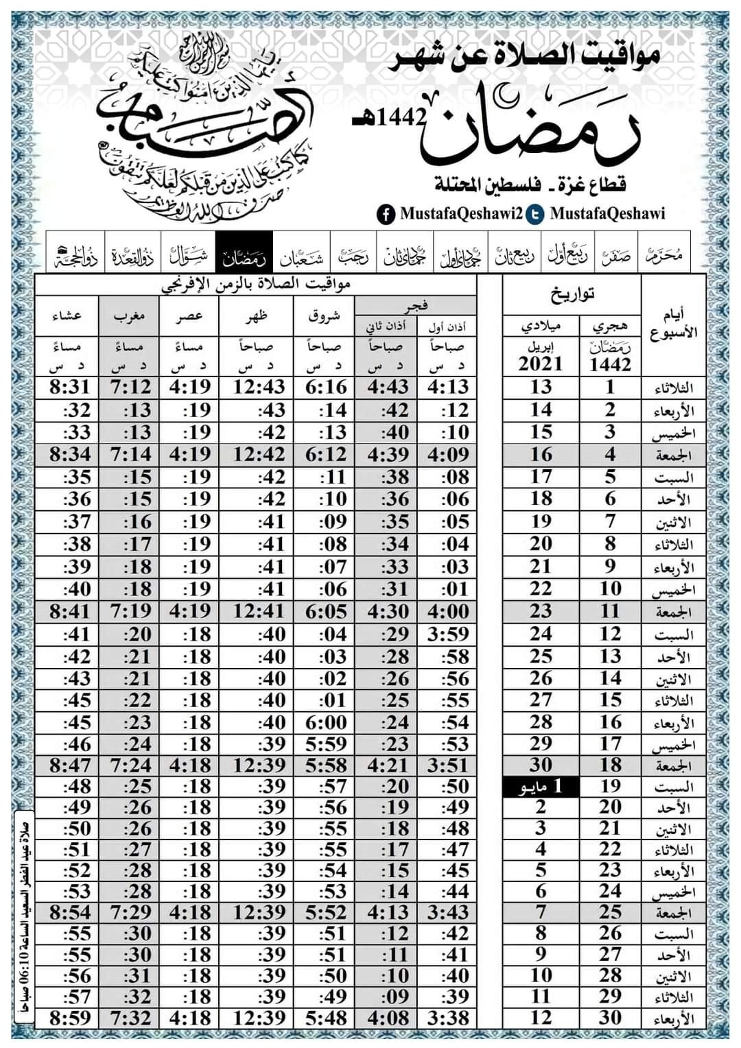 إمساكية شهر رمضان 2021 في فلسطين - غزة