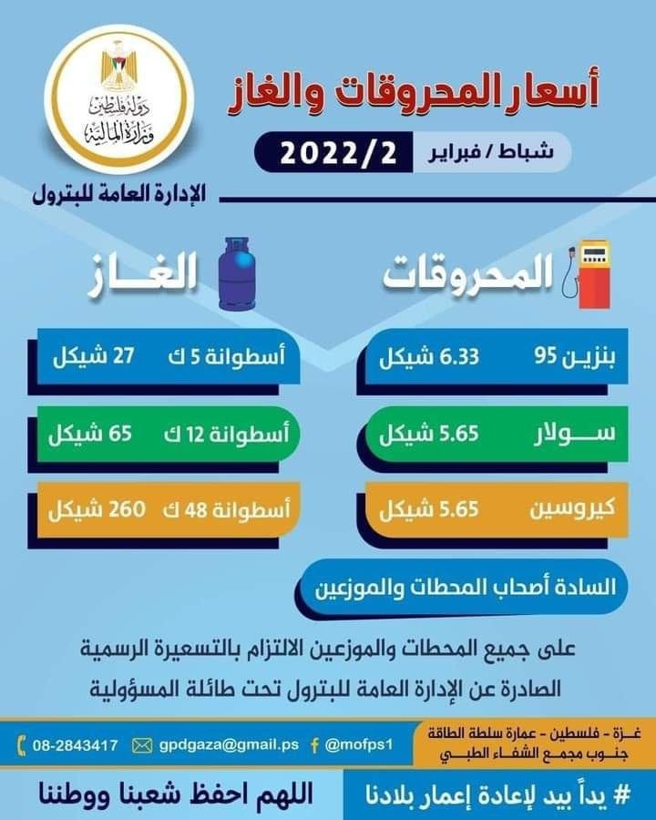 تعرَّف على أسعار المحروقات والغاز لشهر فبراير 2022 في غزة