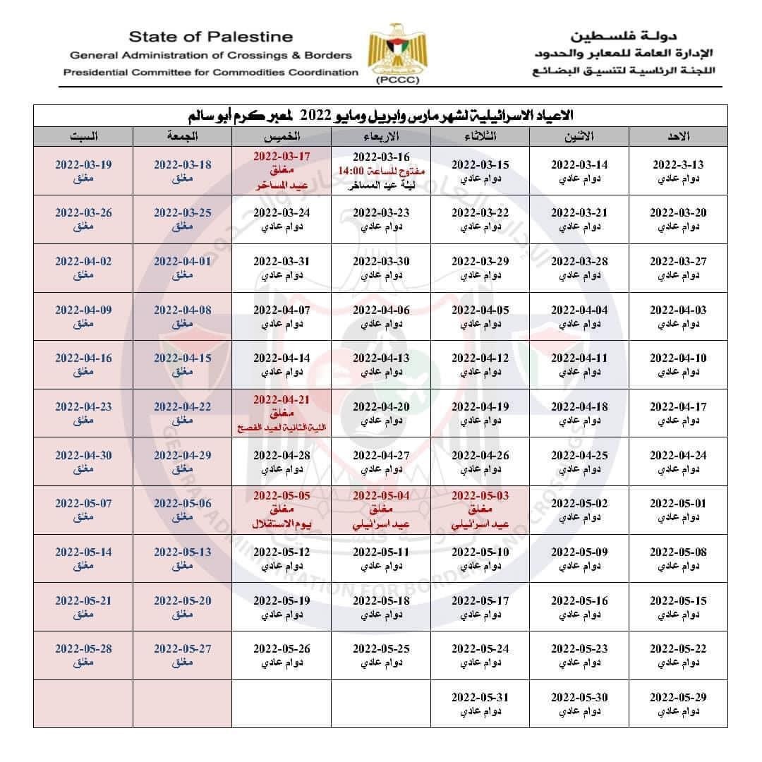 "إسرائيل" تُعلن أيام إغلاق معبر كرم أبو سالم لشهر مارس وأبريل ومايو 2022