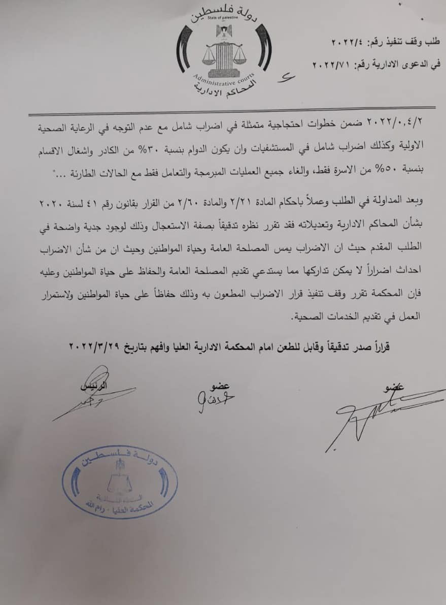 "المحكمة الإدارية" تُصدر قرارًا بوقف إضراب نقابة التمريض والقبالة في رام الله