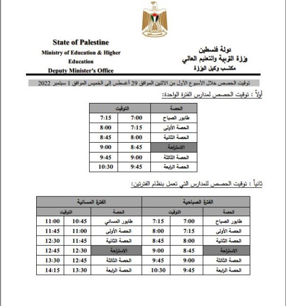 تعليم غزة تنشر جدولًا يوضّح توقيت الحصص الدراسية خلال الأسبوع الأول من بدء العام الدراسي 2022-2023