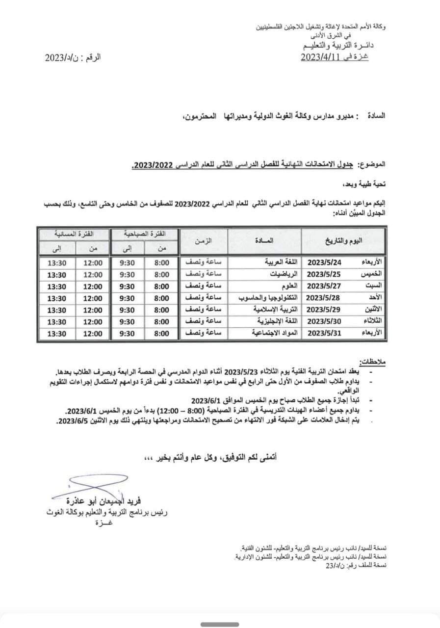 "أونروا" بغزة تنشر جدول الامتحانات النهائية للفصل الثاني 2022-2023