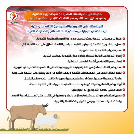 كهرباء غزة تنشر إرشادات وتوجيهات مهمة لحفظ اللحوم خلال عيد الأضحى المبارك