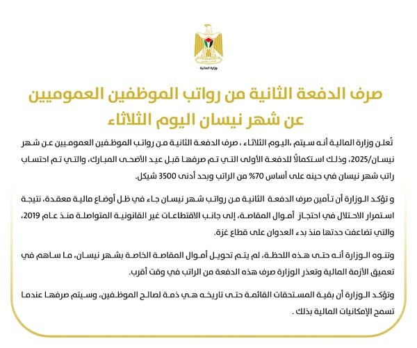 مالية رام الله تُعلن موعد صرف الدفعة الثانية من رواتب الموظفين العموميين عن شهر أبريل 2025