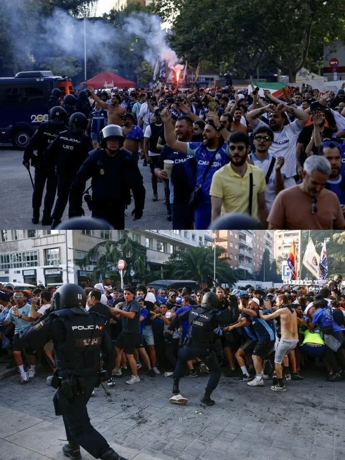 اشتباكات بين الشرطة الإسبانية وجماهير مارسيليا.. ومنع رفع أعلام فلسطين في ملعب ريال مدريد